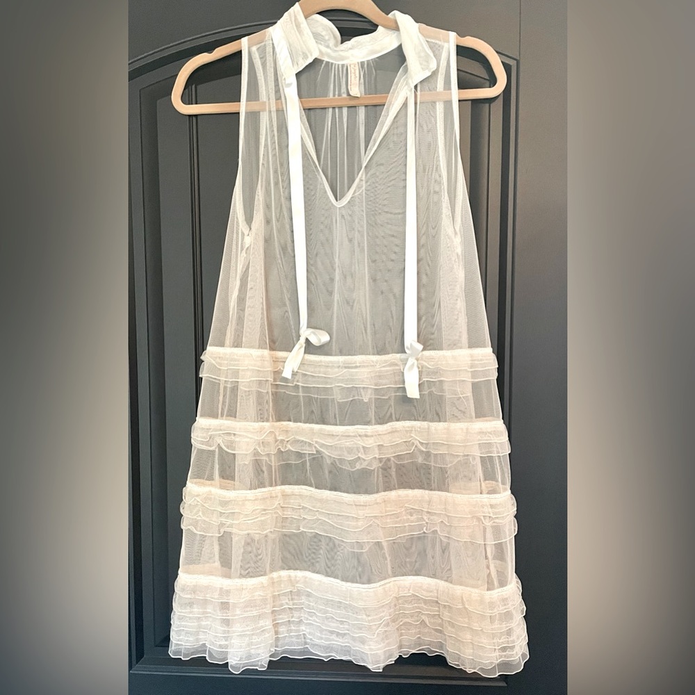 FREE PEOPLE Sheer Ivory Mesh Dress w Lace Ruffles and Satin and Trim Sz S